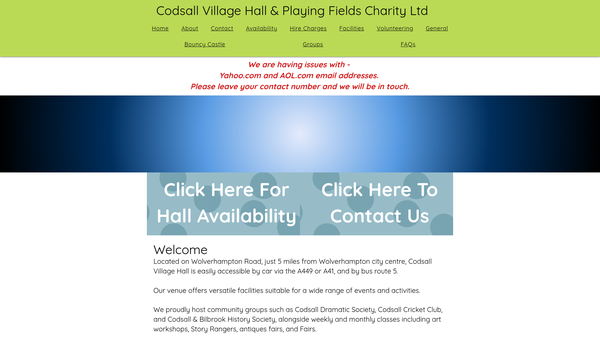 Screenshot of the Codsall Village Hall & Playing Fields Charity Limited website