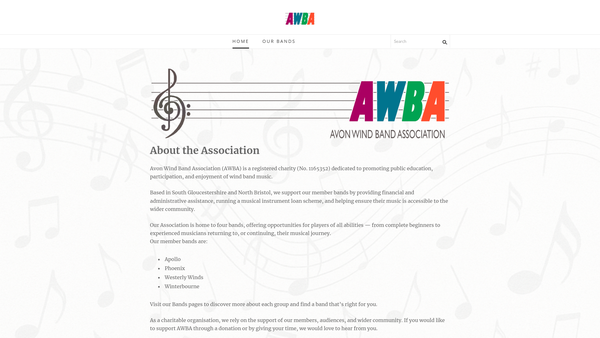 Screenshot of the Avon Wind Band Association website