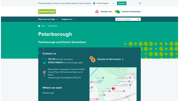 Screenshot of the Peterborough & District Samaritans website