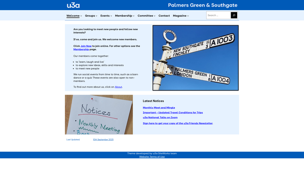 Screenshot of the Palmers Green And Southgate University Of The Third Age website