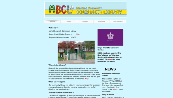 Screenshot of the Market Bosworth Community Library website