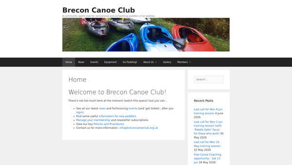Screenshot of the Brecon Canoe Club website
