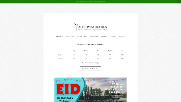 Screenshot of the Alhidaya Croydon website