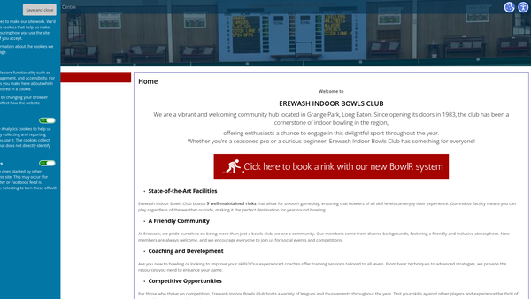 Screenshot of the Erewash Indoor Bowls Centre website