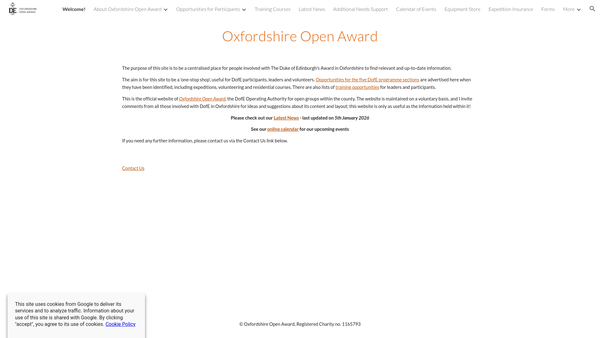 Screenshot of the Oxfordshire Open Award website
