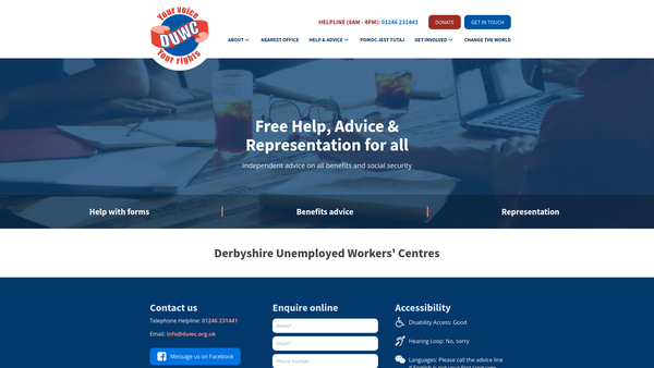 Screenshot of the Derbyshire Unemployed Workers' Centres website