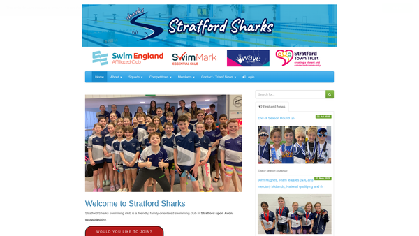 Screenshot of the Stratford Sharks Swimming Club website