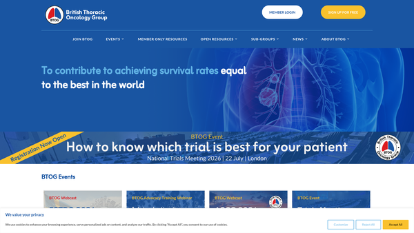 Screenshot of the British Thoracic Oncology Group website