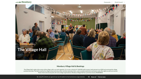 Screenshot of the Membury Parish Hall website