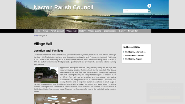 Screenshot of the Nacton Village Hall CIO website