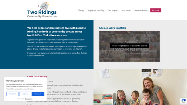 Screenshot of the Two Ridings Community Foundation website