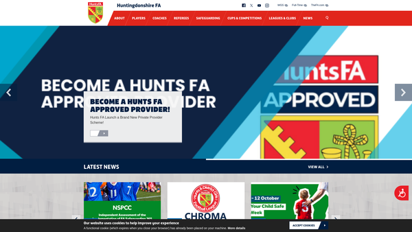 Screenshot of the Huntingdonshire Football Association Limited website