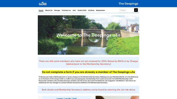 Screenshot of the The Deepings University Of The Third Age (U3A) website