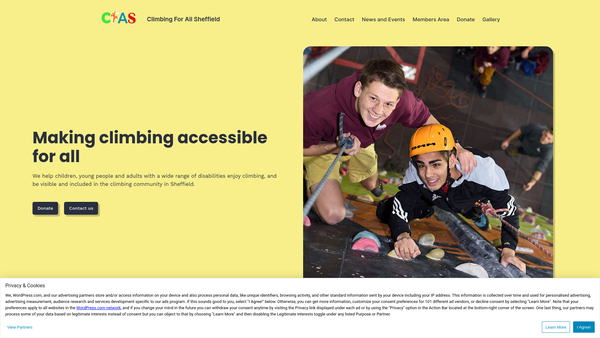 Screenshot of the Climbing For All Sheffield website
