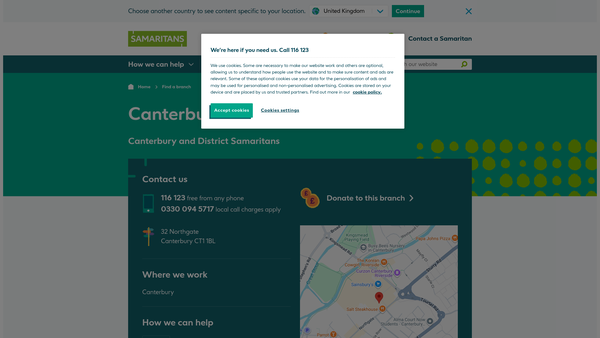 Screenshot of the Canterbury And District Samaritans website
