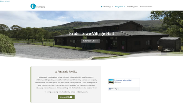 Screenshot of the Bridestowe Village Hall CIO website