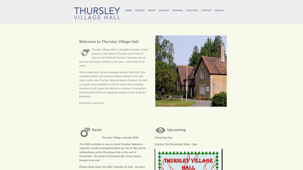 Screenshot of the Thursley Village Hall CIO website