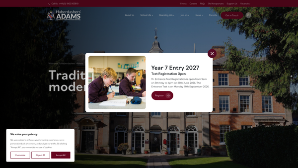 Screenshot of the Adams' Grammar School Society website