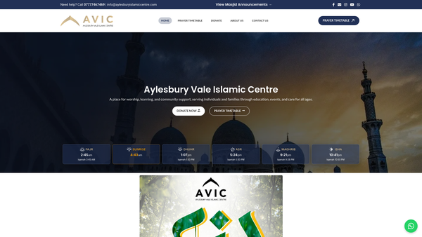 Screenshot of the Aylesbury Vale Islamic Centre website