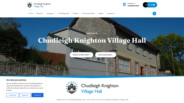 Screenshot of the Chudleigh Knighton Village Hall website