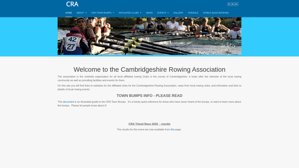 Screenshot of the Cambridgeshire Rowing Association website