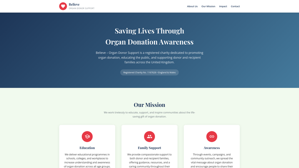Screenshot of the Believe - Organ Donor Support website