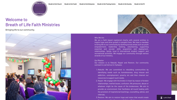 Screenshot of the Breath Of Life Faith Ministries website