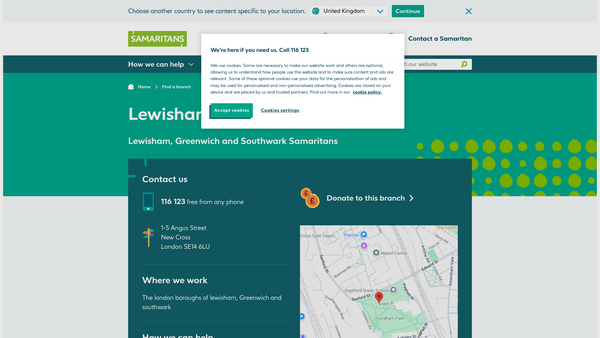 Screenshot of the Lewisham, Greenwich And Southwark Samaritans website
