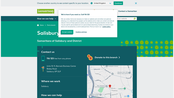 Screenshot of the Samaritans Of Salisbury And District website