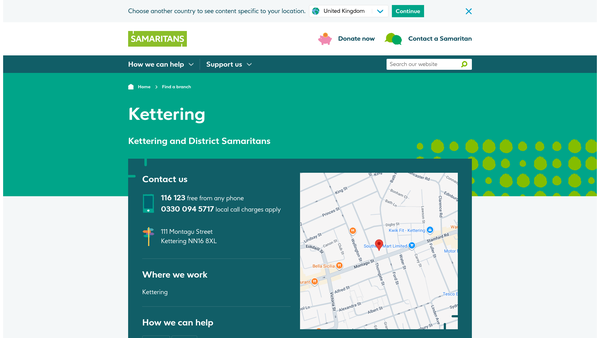 Screenshot of the Kettering And District Samaritans website
