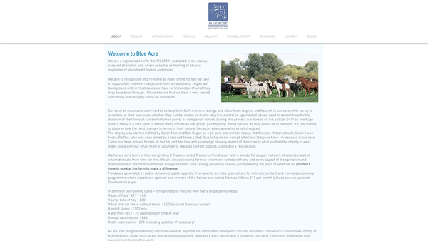 Screenshot of the Blue Acre Horse Rescue And Rehabilitation Centre website