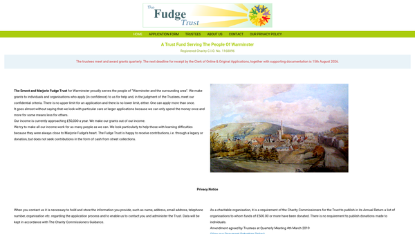 Screenshot of the The Ernest And Marjorie Fudge Trust For Warminster website