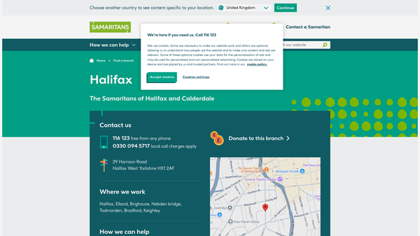 Screenshot of the Samaritans Of Halifax And Calderdale website