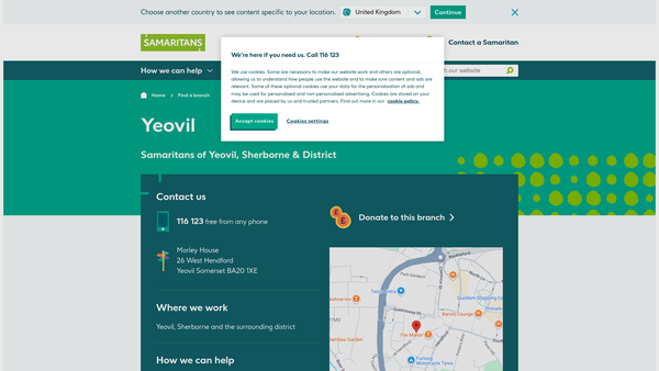 Screenshot of the Samaritans Of Yeovil Sherborne & District website