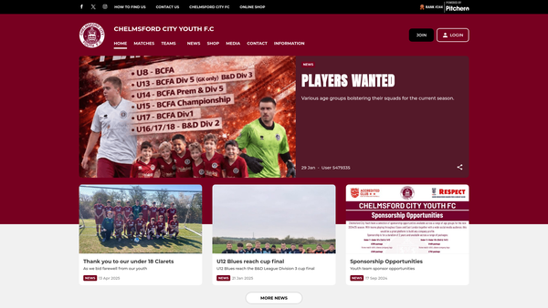 Screenshot of the Chelmsford City Youth Football Club website