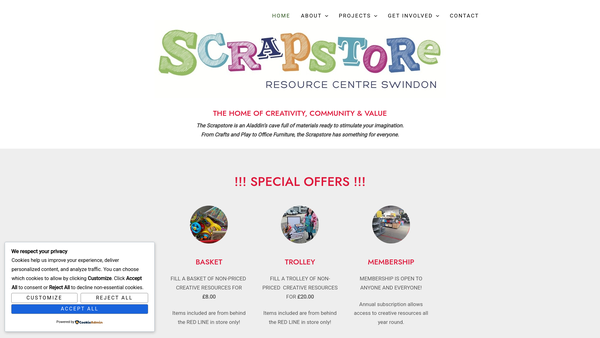 Screenshot of the Swindon Childrens Scrapstore website