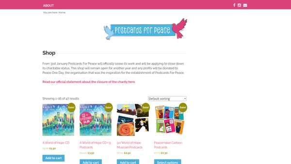 Screenshot of the Postcards For Peace website