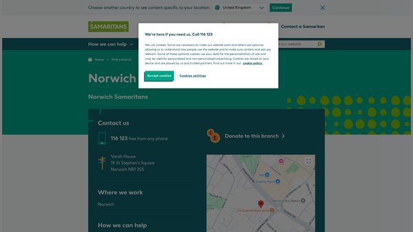 Screenshot of the Norwich Samaritans website
