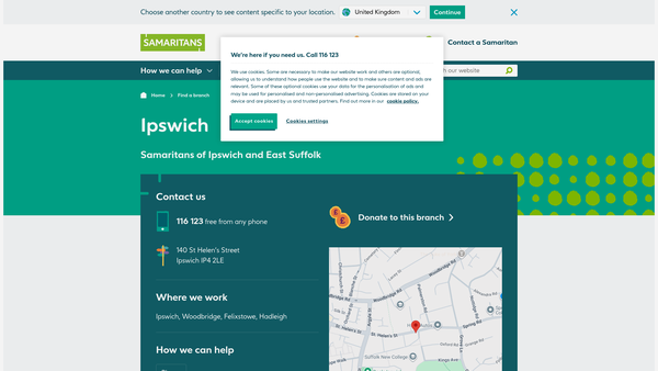 Screenshot of the Samaritans Of Ipswich And East Suffolk website
