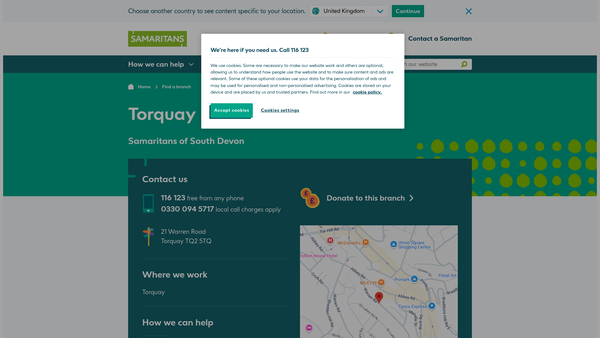 Screenshot of the Samaritans Of South Devon website