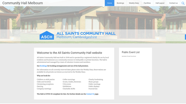 Screenshot of the All Saints Melbourn Community Hall website
