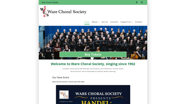 Screenshot of the Ware Choral Society Charitable Incorporated Organisation website