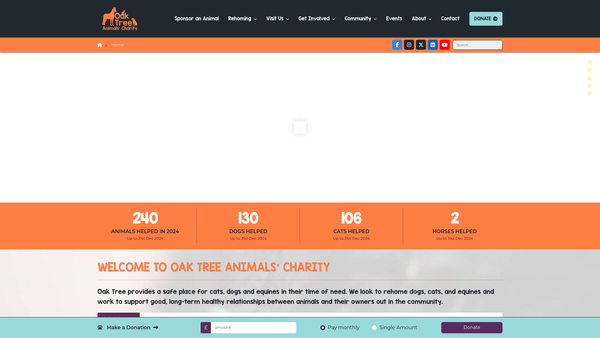 Screenshot of the Oak Tree Animals' Charity website
