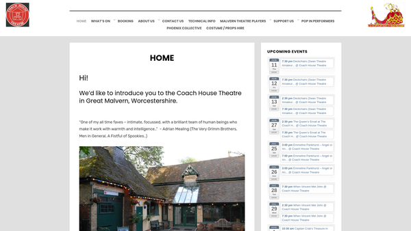 Screenshot of the The Coach House Theatre (Malvern) Ltd website
