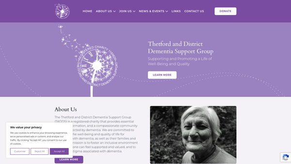 Screenshot of the Thetford & District Dementia Support Group website