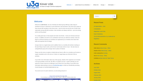 Screenshot of the U3A Kinver website