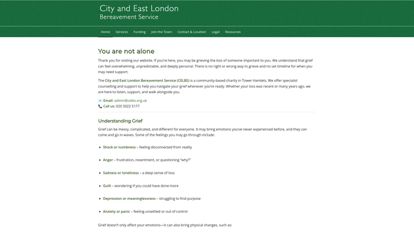 Screenshot of the City & East London Bereavement Service website
