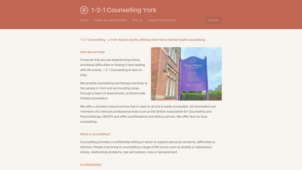 Screenshot of the 1-2-1 Counselling website