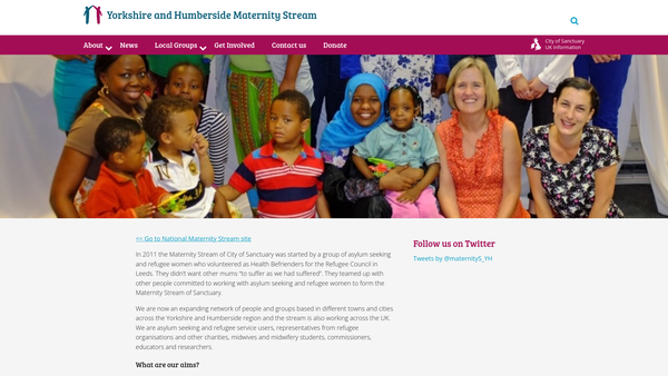 Screenshot of the Yorkshire And Humberside Maternity Stream Of The City Of Sanctuary CIO website