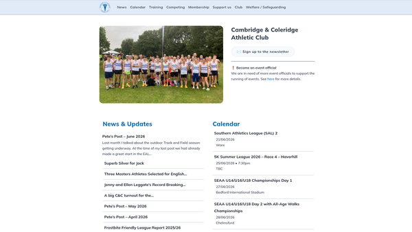 Screenshot of the Cambridge & Coleridge Athletic Club website